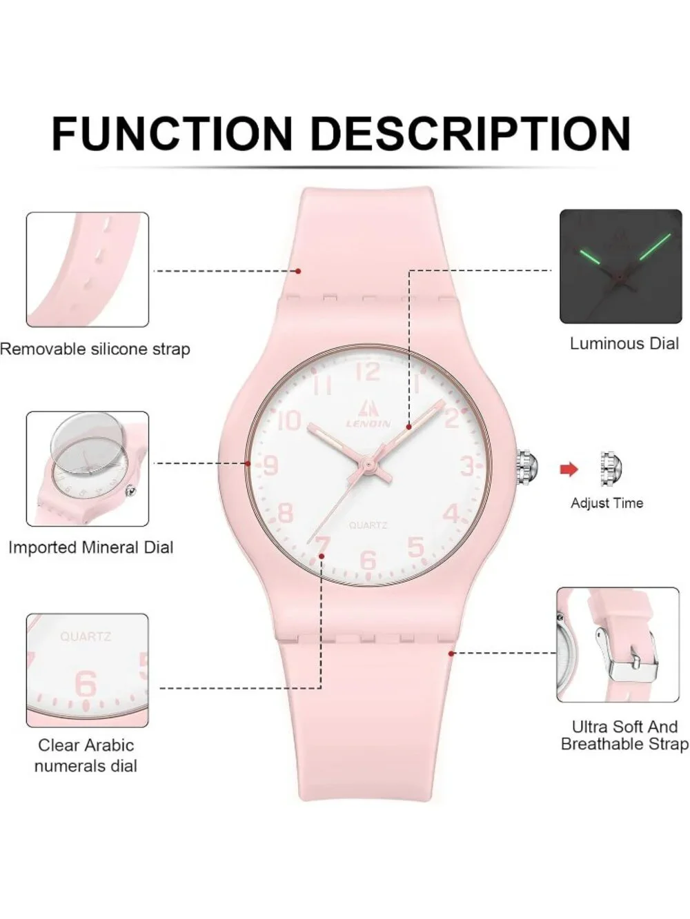 Ln Lenqin Women's Pink White Analog Quartz Leather Strap Waterproof Wrist Watch